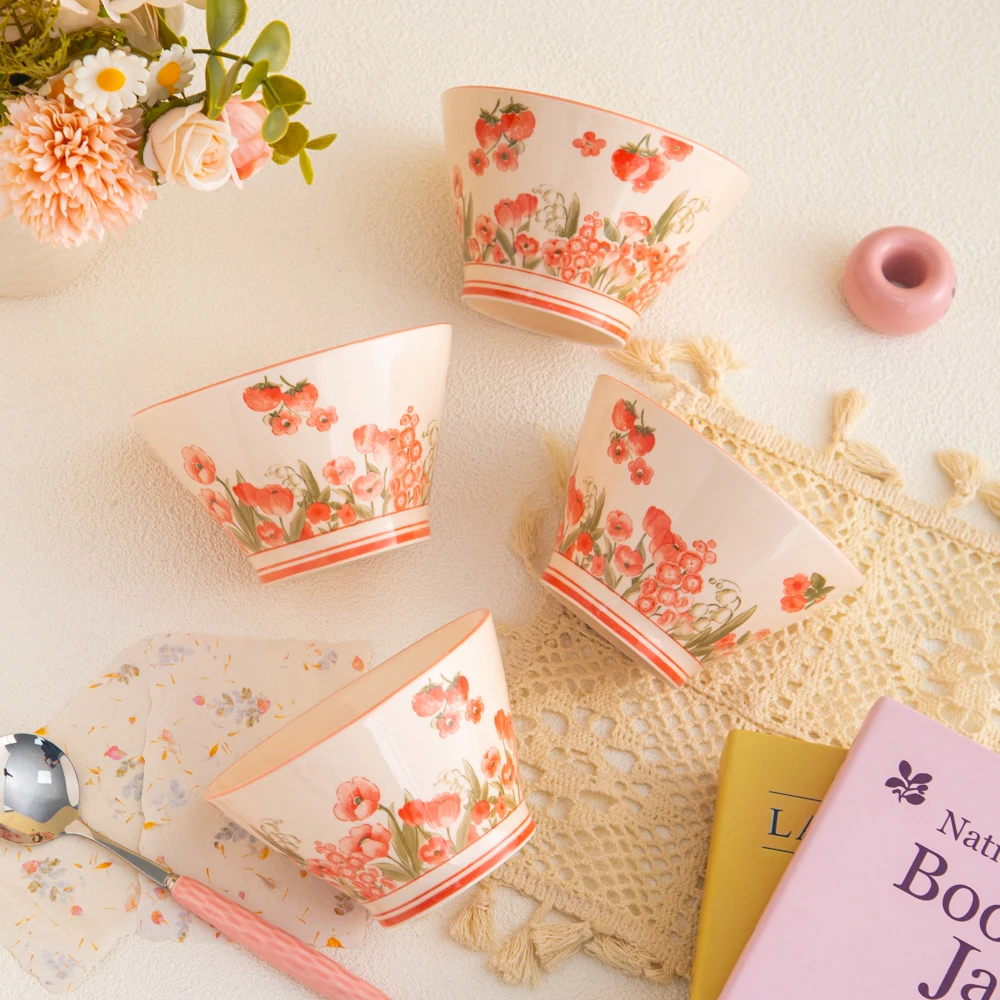 家用陶瓷餐具美二烧彩虹系列5英寸斗笠碗高脚碗米饭碗(4个装)