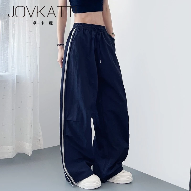 大码条纹运动裤女夏季胖mm宽松遮肉酷飒休闲裤高腰抽绳直筒阔腿裤