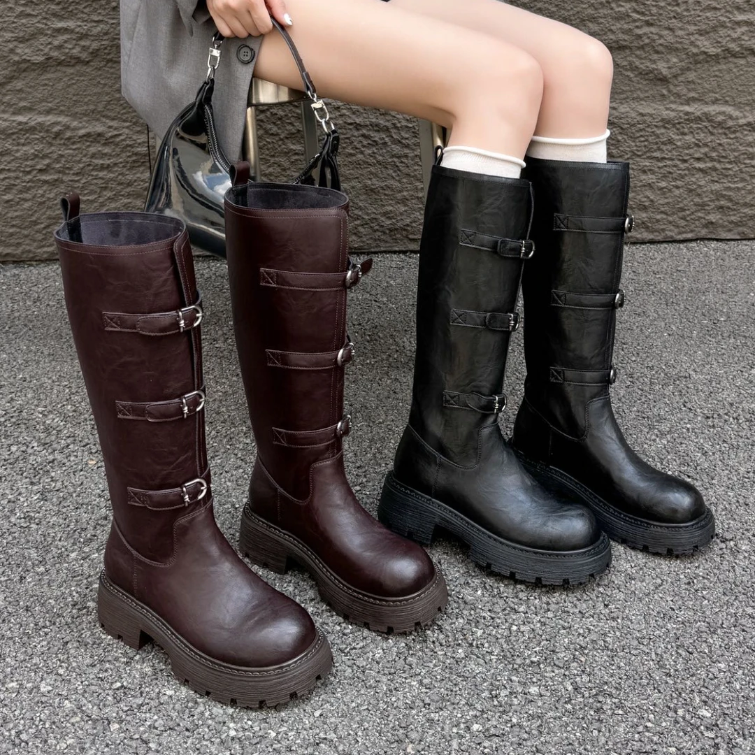 967-3秋冬软皮女厚底长筒骑士瘦瘦靴韩版网红时尚潮流百搭