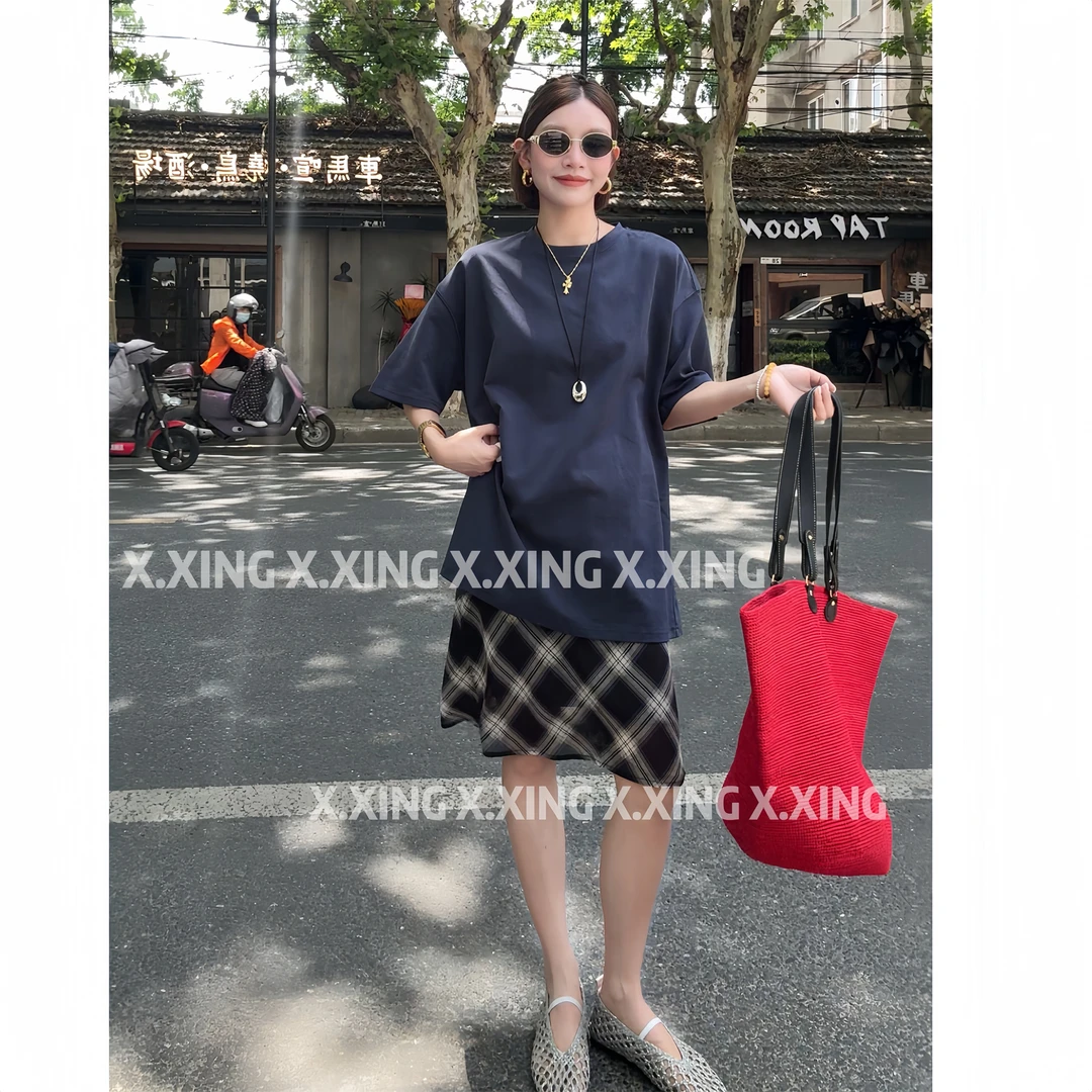 X.x.韩系高级感穿搭格纹半裙t恤休闲套装女两件套C32-258195