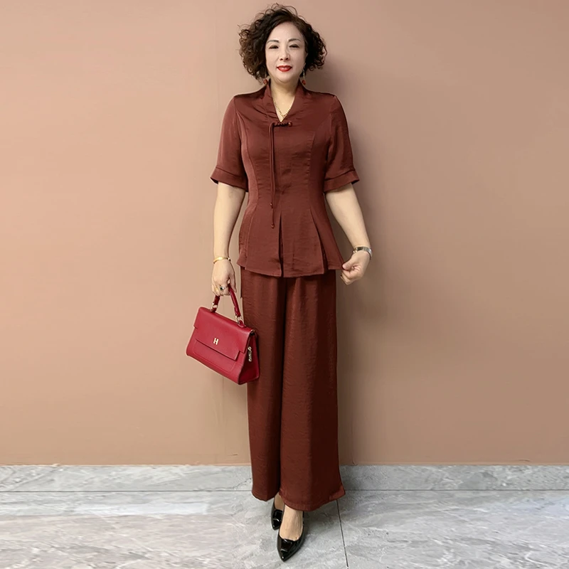 H夏季经典桑蚕丝洋气套装2025中老年女装阔太太两件套上衣+裤子