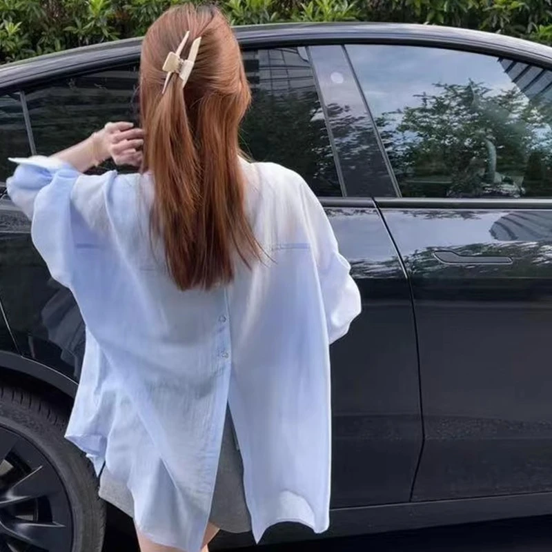 蓝色后开叉防晒衬衫外套女2025新款夏季慵懒风休闲宽松薄款上衣