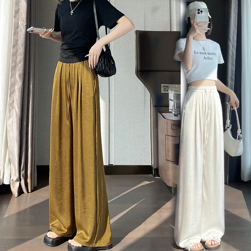 新中式醋酸缎面阔腿裤女国风冰丝夏季薄款高级感垂感窄版直筒裤子