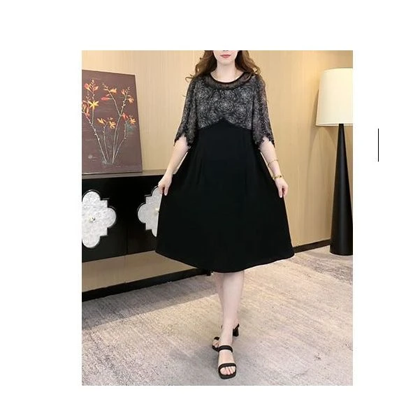 薇姐大码定制女装夏季拼接七分袖时尚气质舒适显瘦连衣裙ZB6876