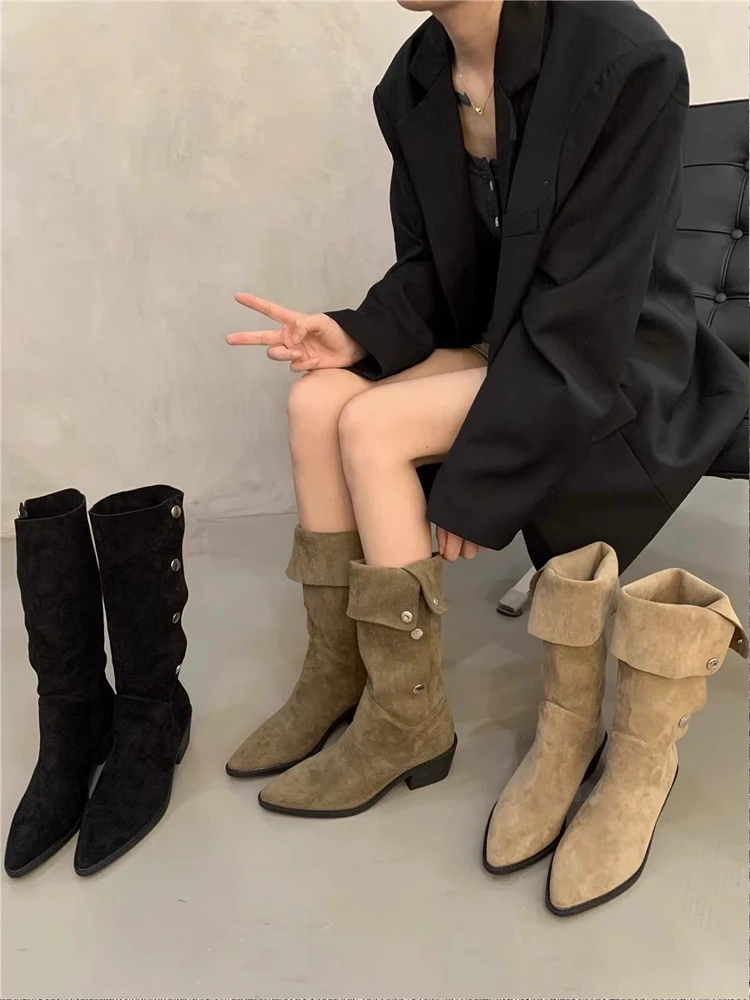堆堆靴女尖头高筒中筒骑士靴2025新款早秋冬季棕色西部牛仔长靴子