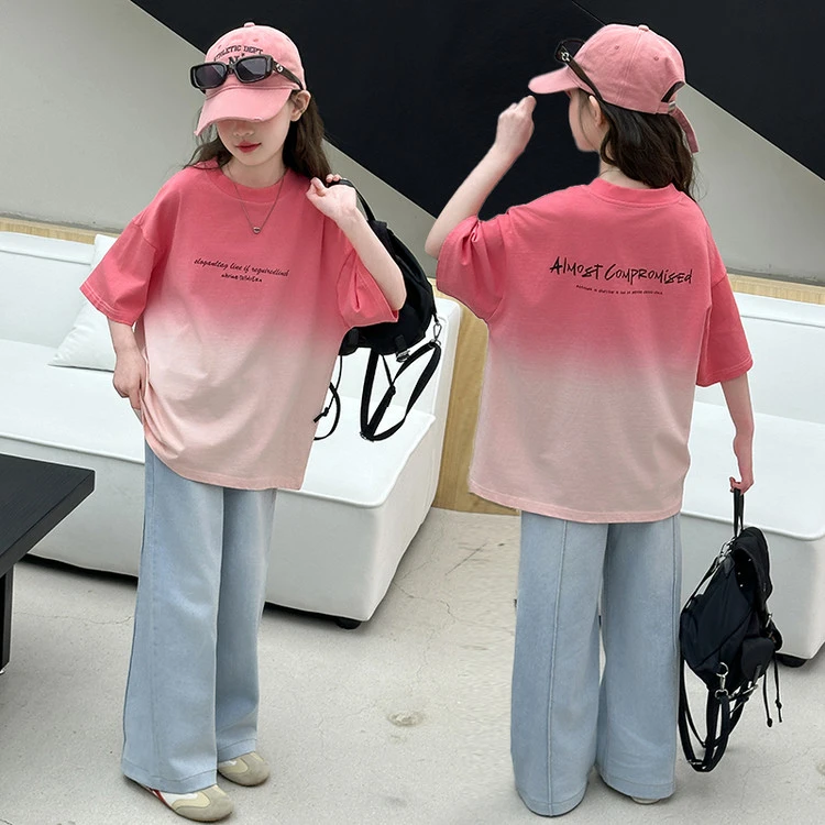2025款渐变短袖牛仔裤套装女童春夏季