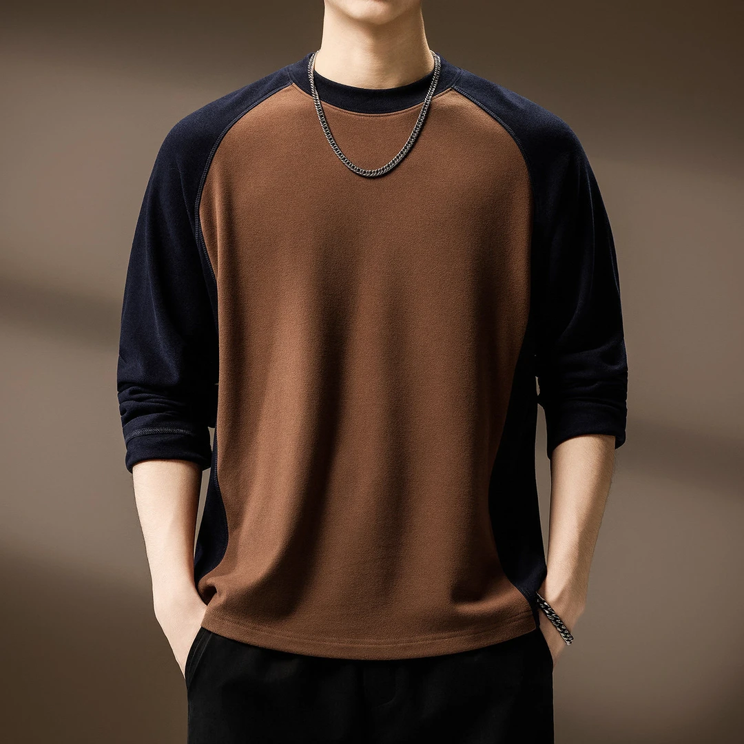 高端美式复古水洗插肩撞色T恤秋冬新款长袖卫衣男宽松重磅打底衫