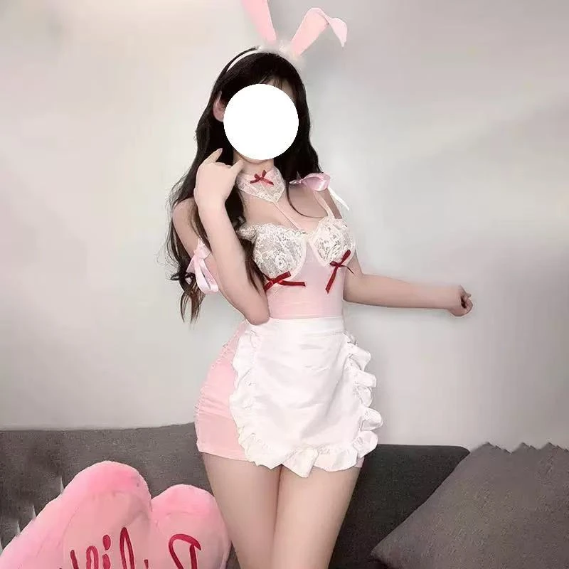 动漫粉兔兔~·带钢圈性感镂空小胸女纯欲风显瘦小清新风睡裙