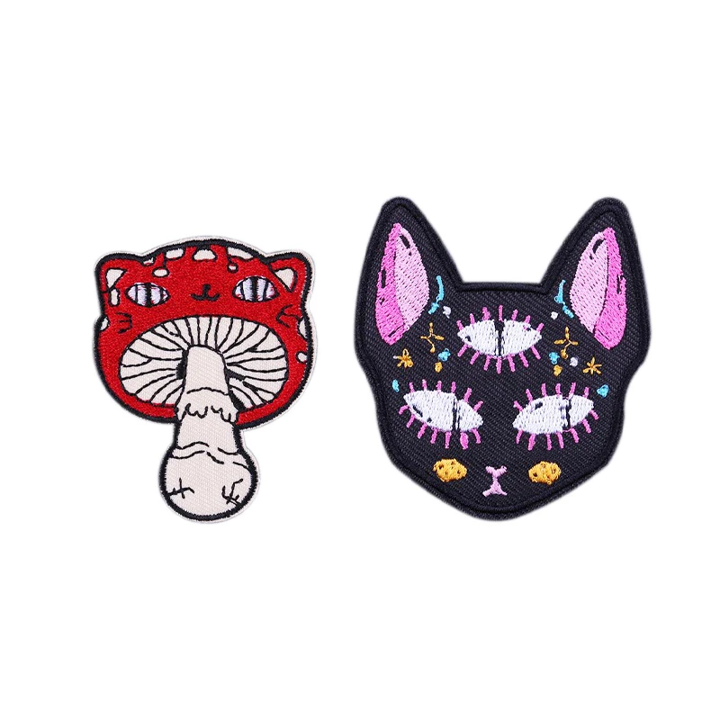 2件套5.2-6.4cm蘑菇和猫刺绣热熔胶补丁贴衣服包帽子熨烫手缝布贴