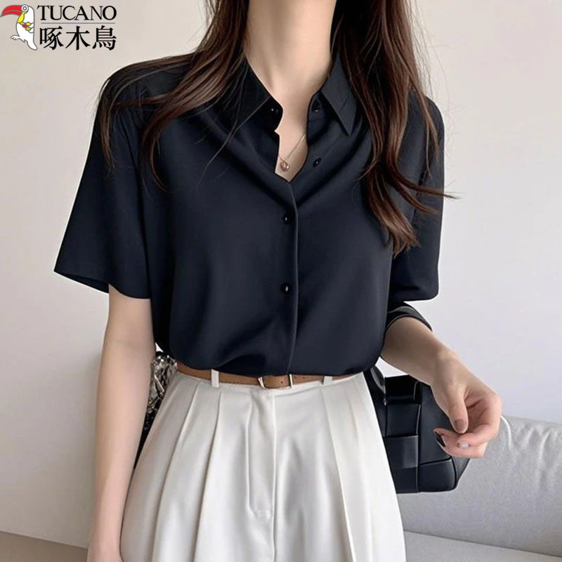 TUCANO/啄木鳥薄款短袖衬衫女夏季新款气质职业小个子女款衬衣