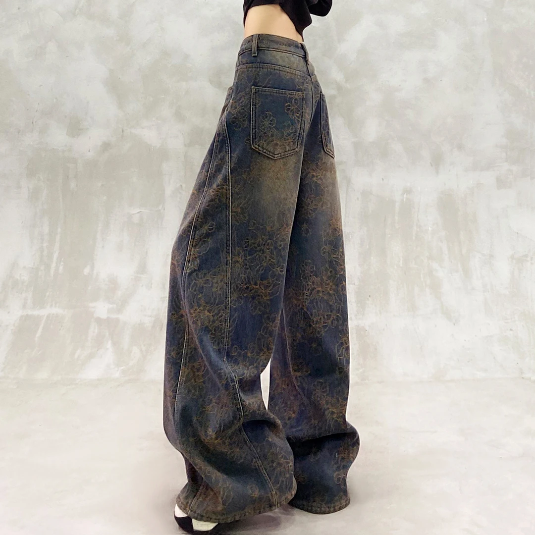 个性印花设计做旧加绒牛仔裤女冬新款高腰宽松显瘦百搭直筒阔腿裤