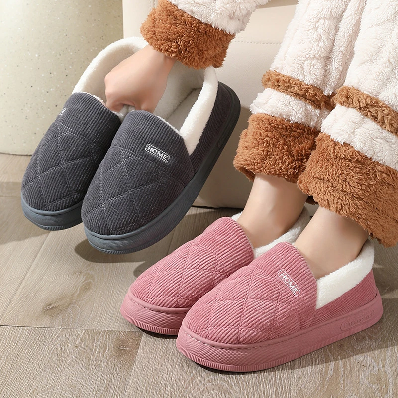 新款秋冬季厚底保暖棉拖鞋女居家室内防滑毛绒情侣月子棉鞋男外穿