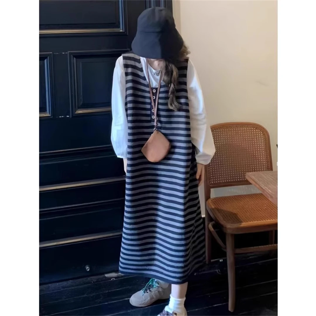 大码胖MM条纹叠穿针织背心连衣裙女秋季慵懒风宽松显瘦遮肚子长裙