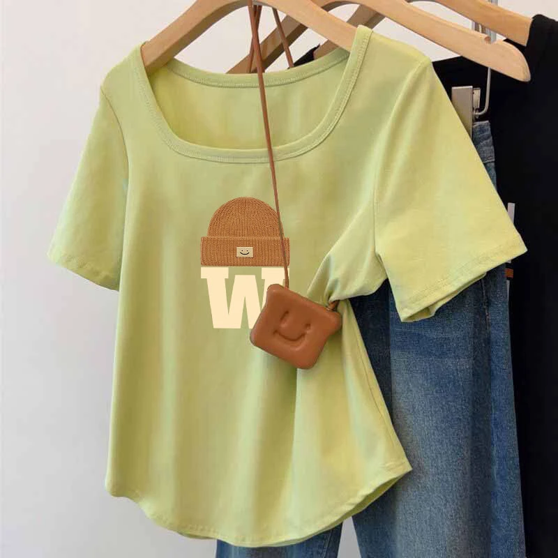 纯棉夏季大码女装mm正肩新款短袖t恤女显瘦体恤宽松方领上衣潮流