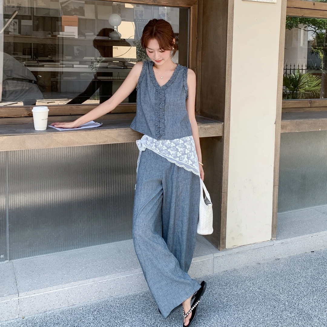 木耳边上衣休闲裤套装女2025夏季新款显瘦时尚复古减龄气质两件套