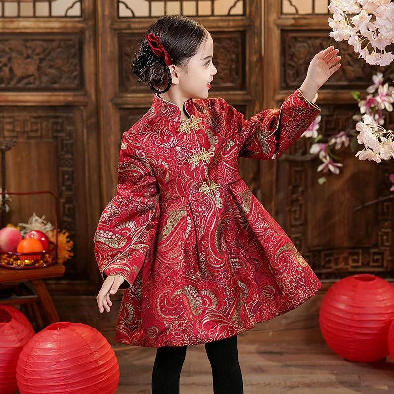 FAVMARTHA女童旗袍秋冬装汉服儿童装拜年服冬季2025新款公主连衣