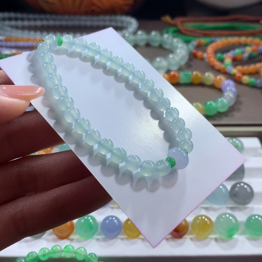 翡翠未镶嵌手链纯净胶润细腻蓝底卡5.8-6-8.9