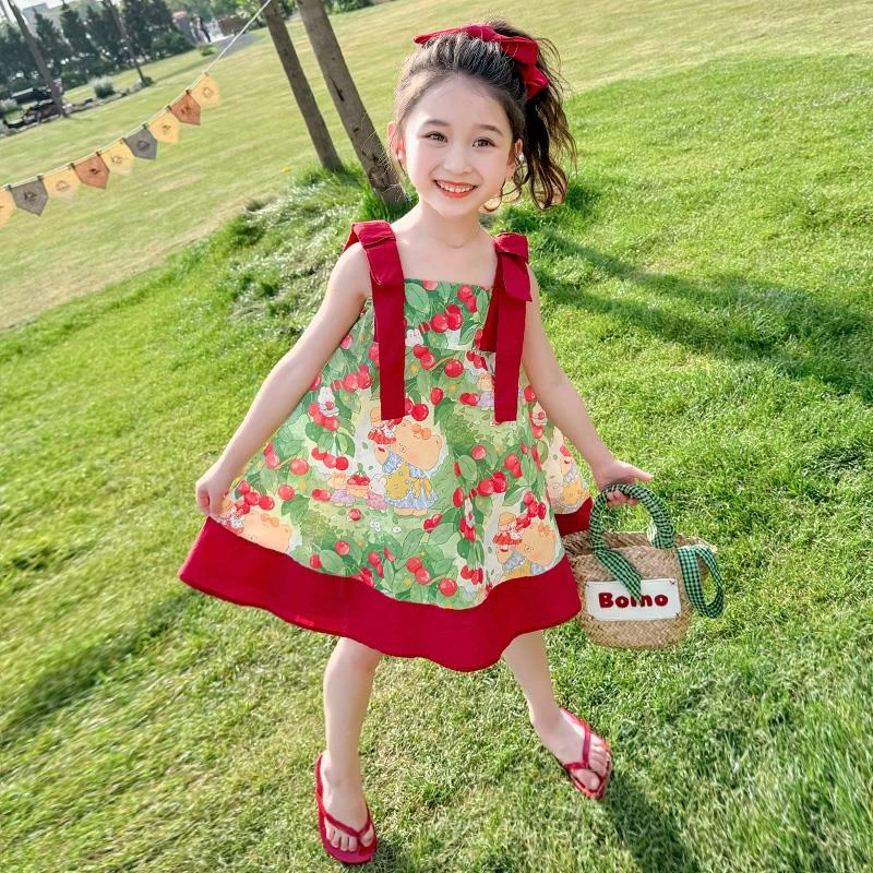 红路皇女童田园风吊带连衣裙夏季2025新款儿童背心裙子女宝宝夏装