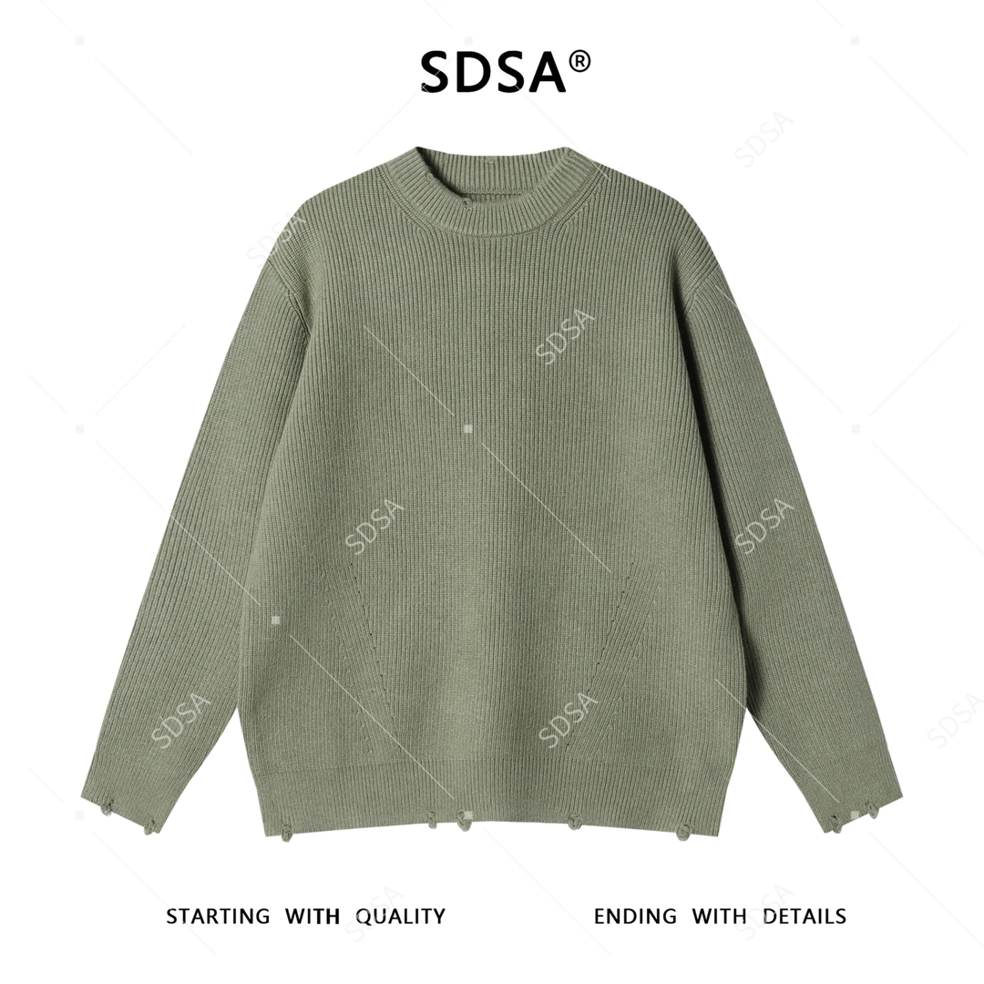 SDSA男士秋冬新款痞帅男装韩版纯色勾破圆领针织衫简约百搭毛衣