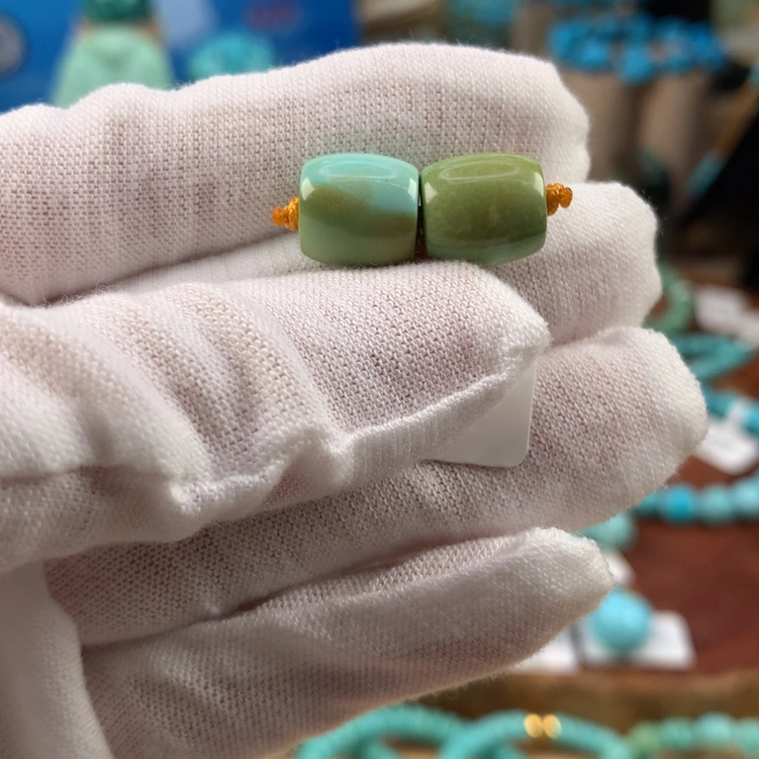 绿松石未镶嵌珠宝奇石高瓷特色水波纹直切对珠10mm