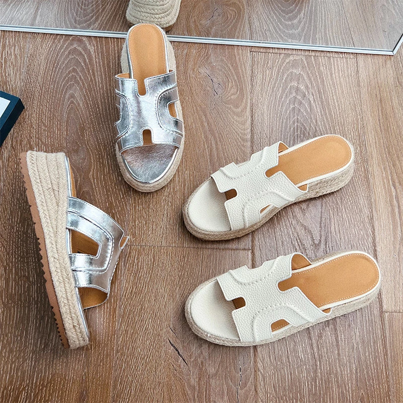 【小陈姐专属】】增高6cm露思同款复古一字厚底坡跟凉拖鞋夏外穿草编