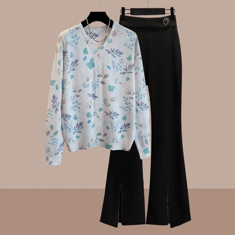 妈妈秋装时尚洋气减龄套装女士春秋高级感V领针织衫微喇裤两件套