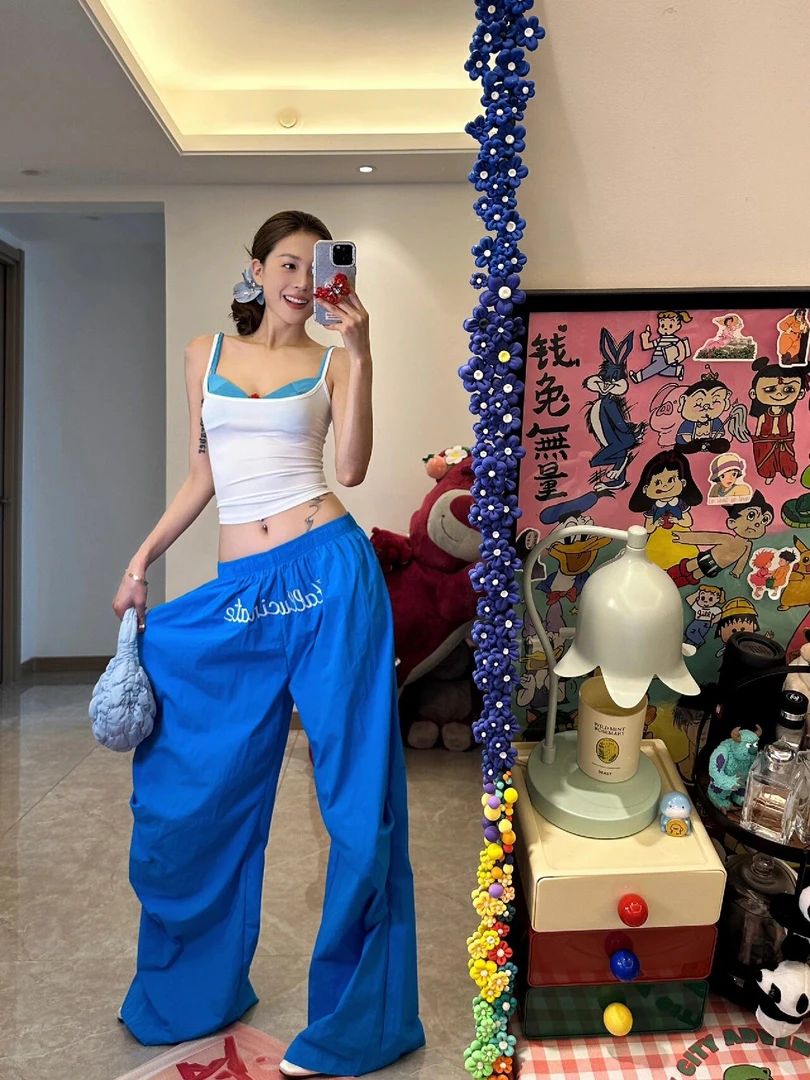 美式克莱因蓝速干街舞伞兵裤女2025夏季薄款宽松休闲阔腿工装裤子