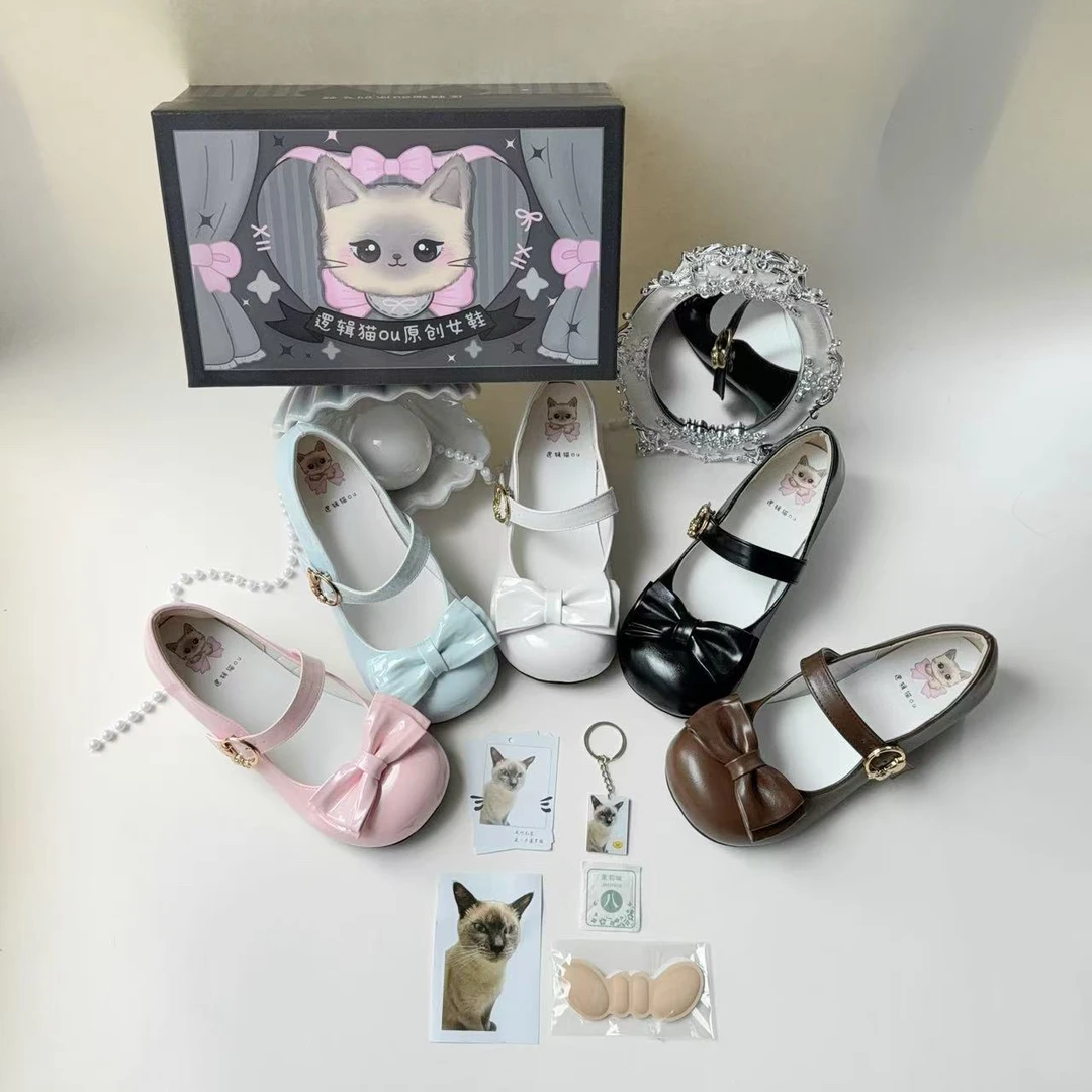 逻辑猫ou原创低跟lolita鞋可爱日系百搭圆头多巴胺蝴蝶结浅口lo鞋