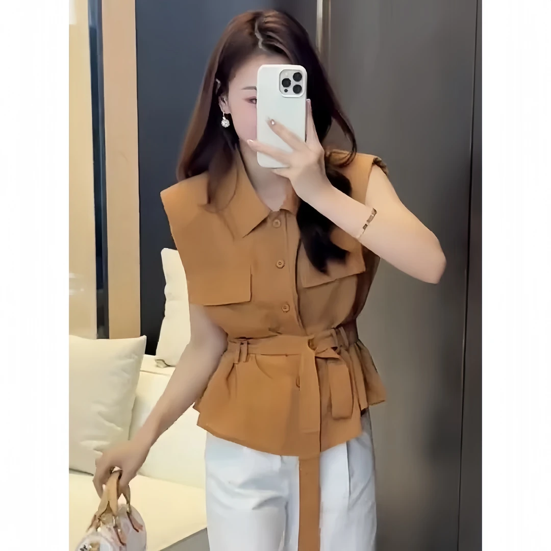 韩系复古polo领无袖衬衫女2025夏季新款设计感收腰系带飞飞袖上衣