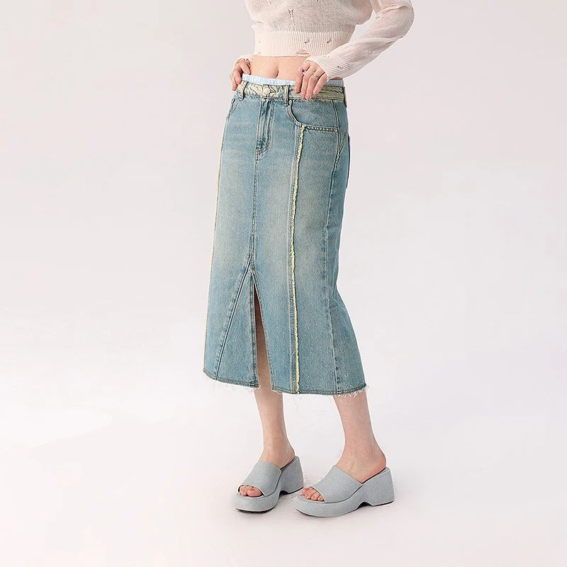 CHUU撞色拼接开叉中长款双腰头直筒百搭半身裙FHPE002W