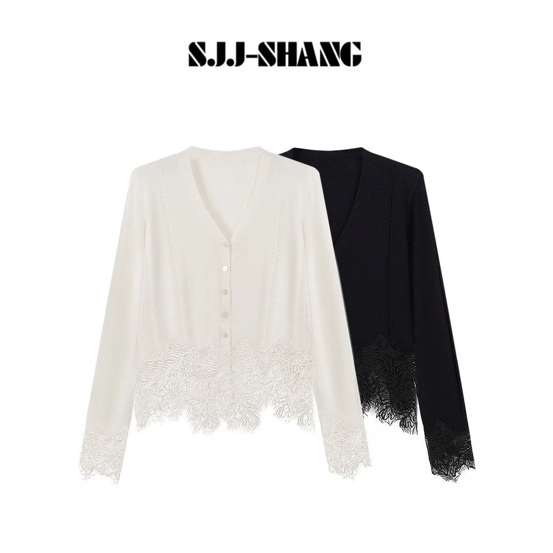 SJJ-SHANG【繁花】25早秋天丝羊毛桑蚕丝骨线蕾丝拼接开衫q135138p