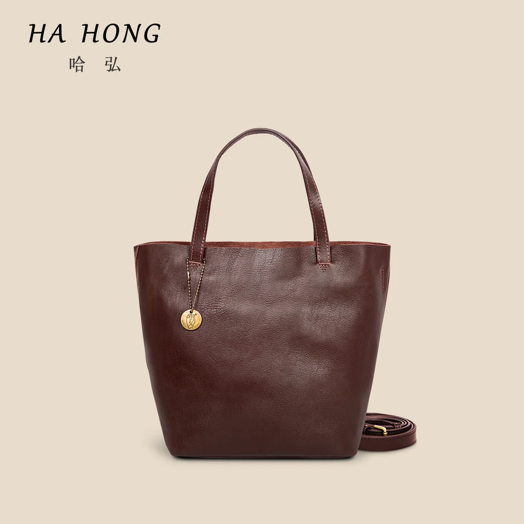 春夏新款复古真皮头层牛皮大容量水桶包女百搭单肩斜挎包SH-9004