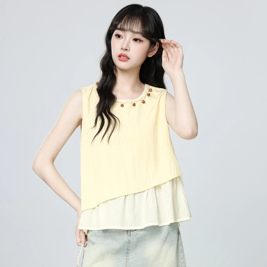 撞色假两件无袖衬衫女夏2025夏季新款不规则圆领娃娃衫衬衣短上衣