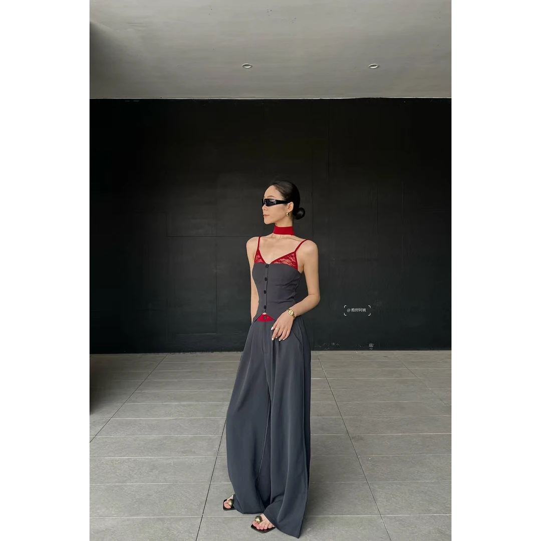 KUYEAYI / 蕾丝小吊带高腰阔腿裤两件套（带胸垫）配飘带