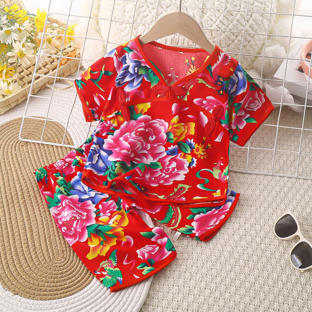 夏款新款民族风童套装短袖盘扣7分裤人造棉套头棉绸套装D