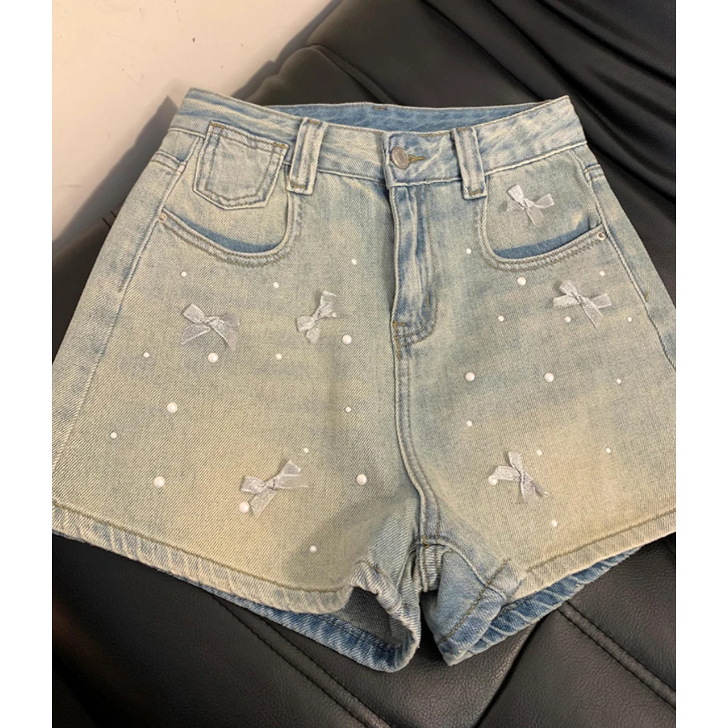 蝴蝶结烫钻牛仔短裤女夏季高腰显瘦设计a字超短裤美式辣妹热裤子