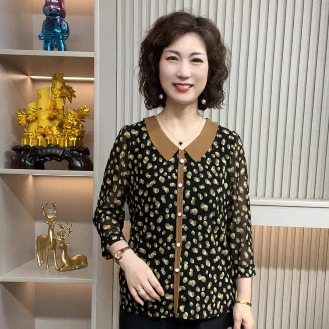 2025新款女士翻领衬衫七大码分袖洋气百搭衬衣宽松中年妈妈装时尚