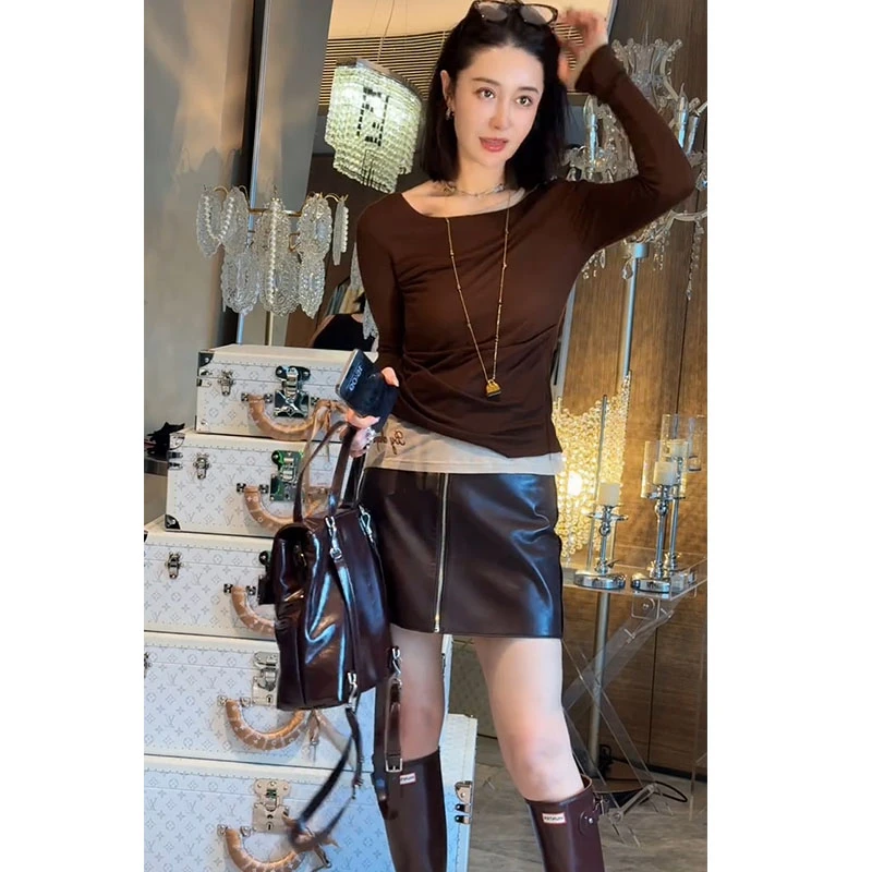 设计感假两件长袖打底衫2025早秋新款抗起球修身显瘦百搭洋气T恤