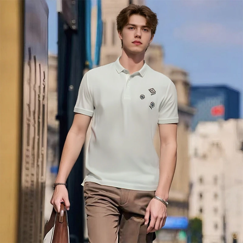 丝光珠地棉 精致贴布装饰 春夏季男士修身POLO衫翻领短袖T恤B3605