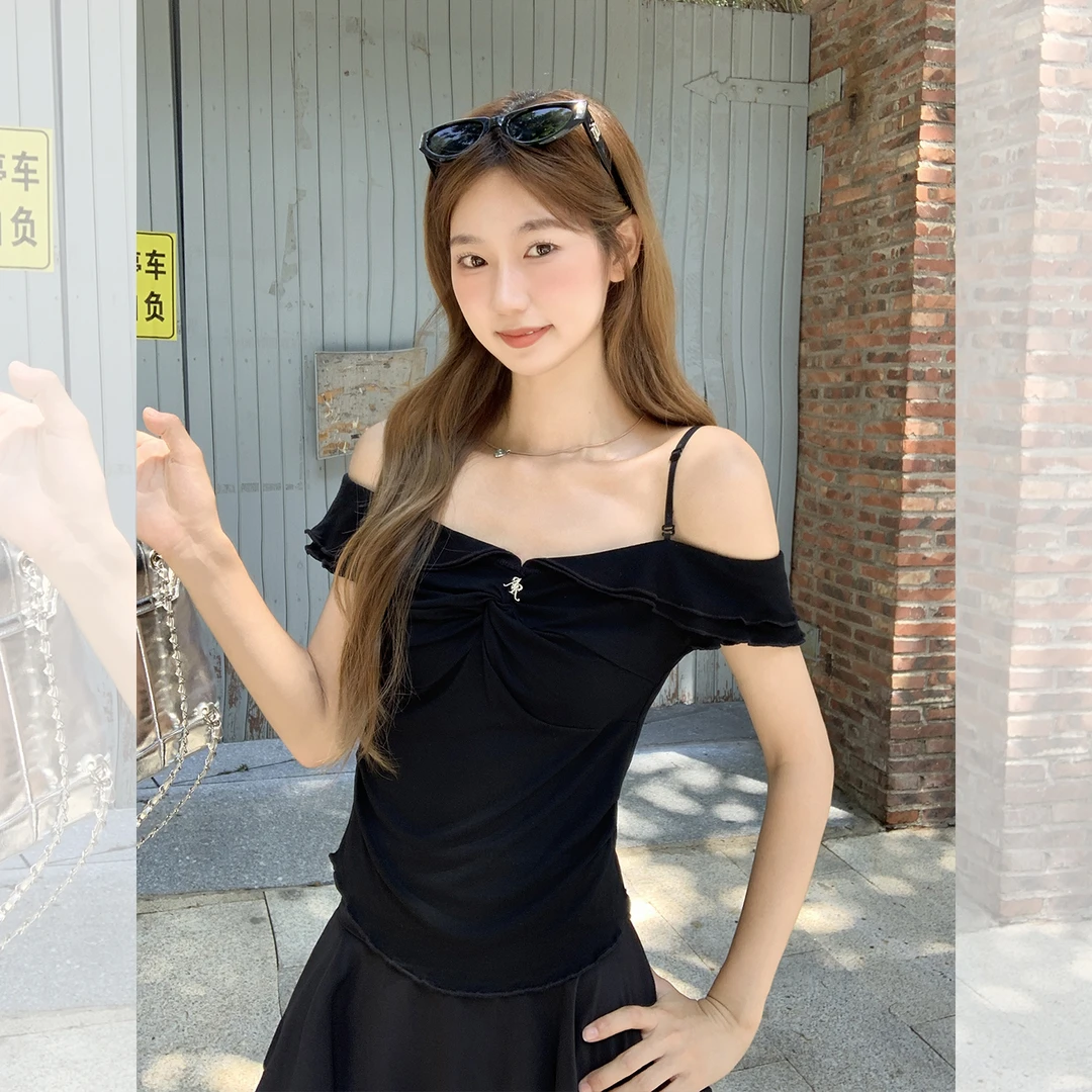 2025夏季黑色一字肩低领口扭结性感修身掐腰显瘦小上衣女