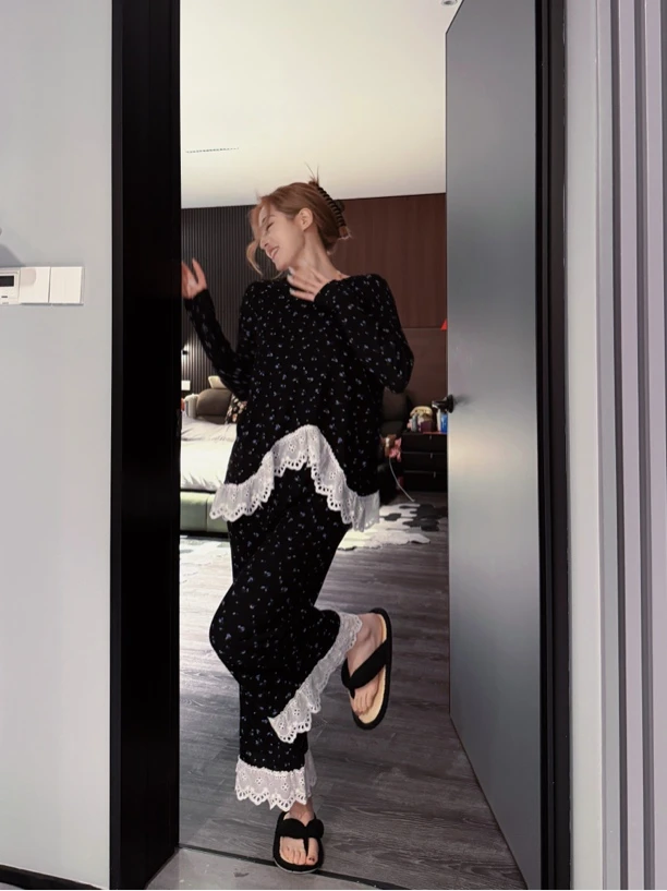 double oo 纯欲小碎花蕾丝花边长袖长裤套头睡衣女家居服温柔套装