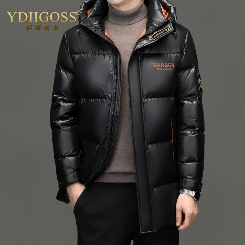 YDIIGOSS白鸭绒连帽羽绒服男士冬季新款黑金加厚保暖面包服外套