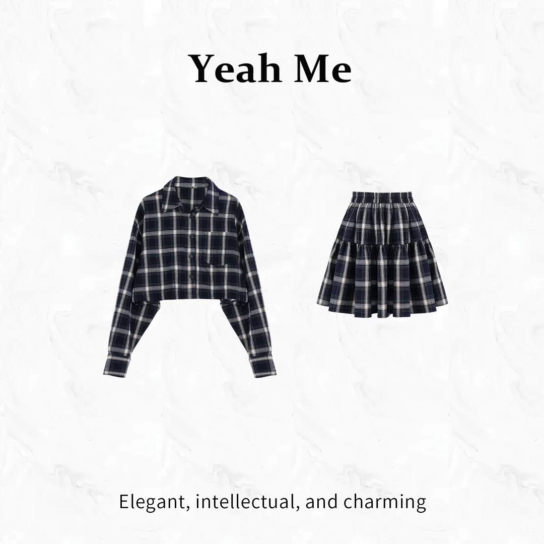 Yeah Me/也觅【盐系都市】秋季新品简约设计感格纹半身裙穿搭两件套