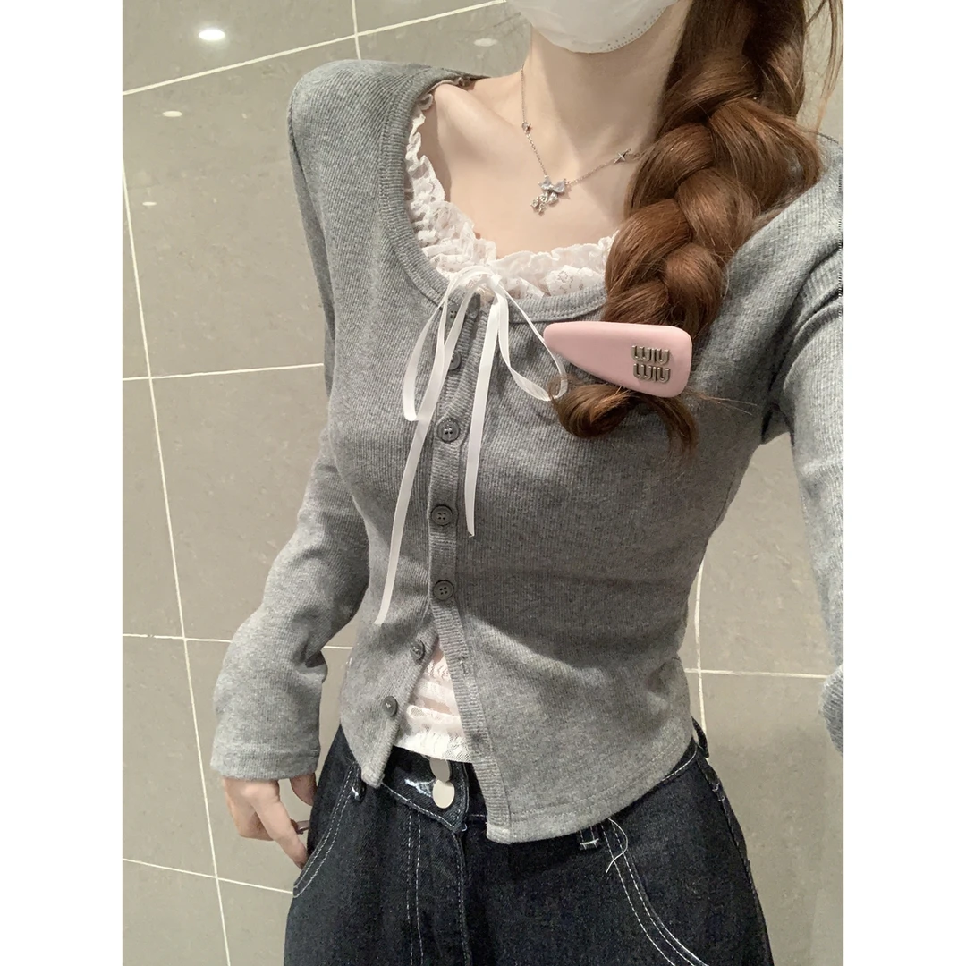 韩版纯欲蕾丝拼色纽扣修身假两件长袖打底衫T恤上衣