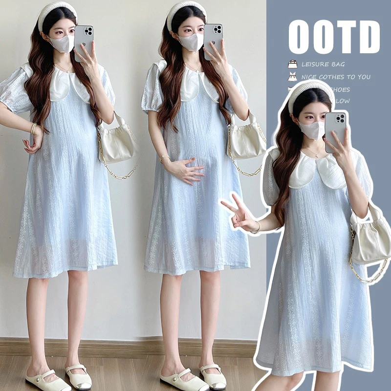 2025夏日清新韩系OOTD甜美翻领泡泡袖显瘦天丝轻盈孕妇连衣裙