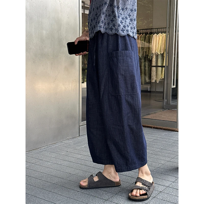 LANGQING 藏青色棉麻直筒阔腿九分通勤休闲裤44507/44705#