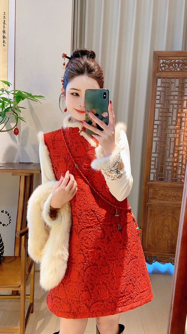 【喜乐】新中式国风加绒加厚提花刺绣旗袍裙连衣裙裙子女