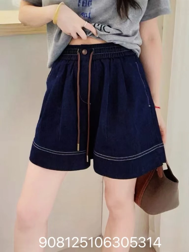 9081#夏季短裤夏季红格拼接牛仔短裤抽绳热裤韩版宽松显瘦百搭