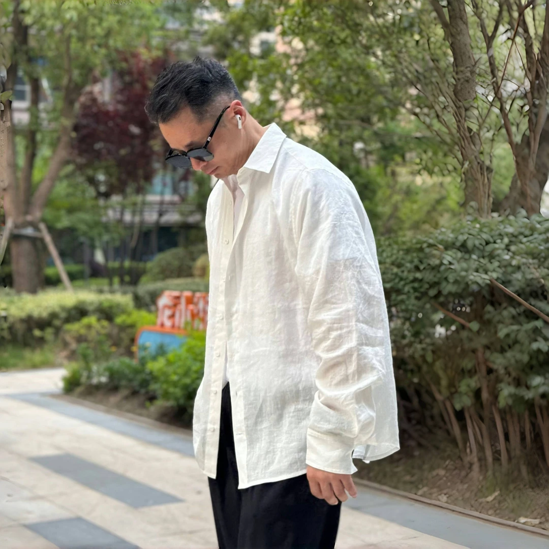苎麻+天丝男士衬衫白色夏季轻薄休闲百搭简约宽松