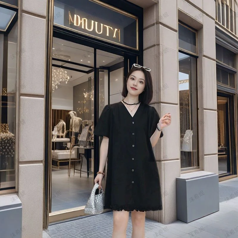 夏季款天丝亚麻小个子复古洋气木耳边V领连衣裙2025新款宽松显瘦